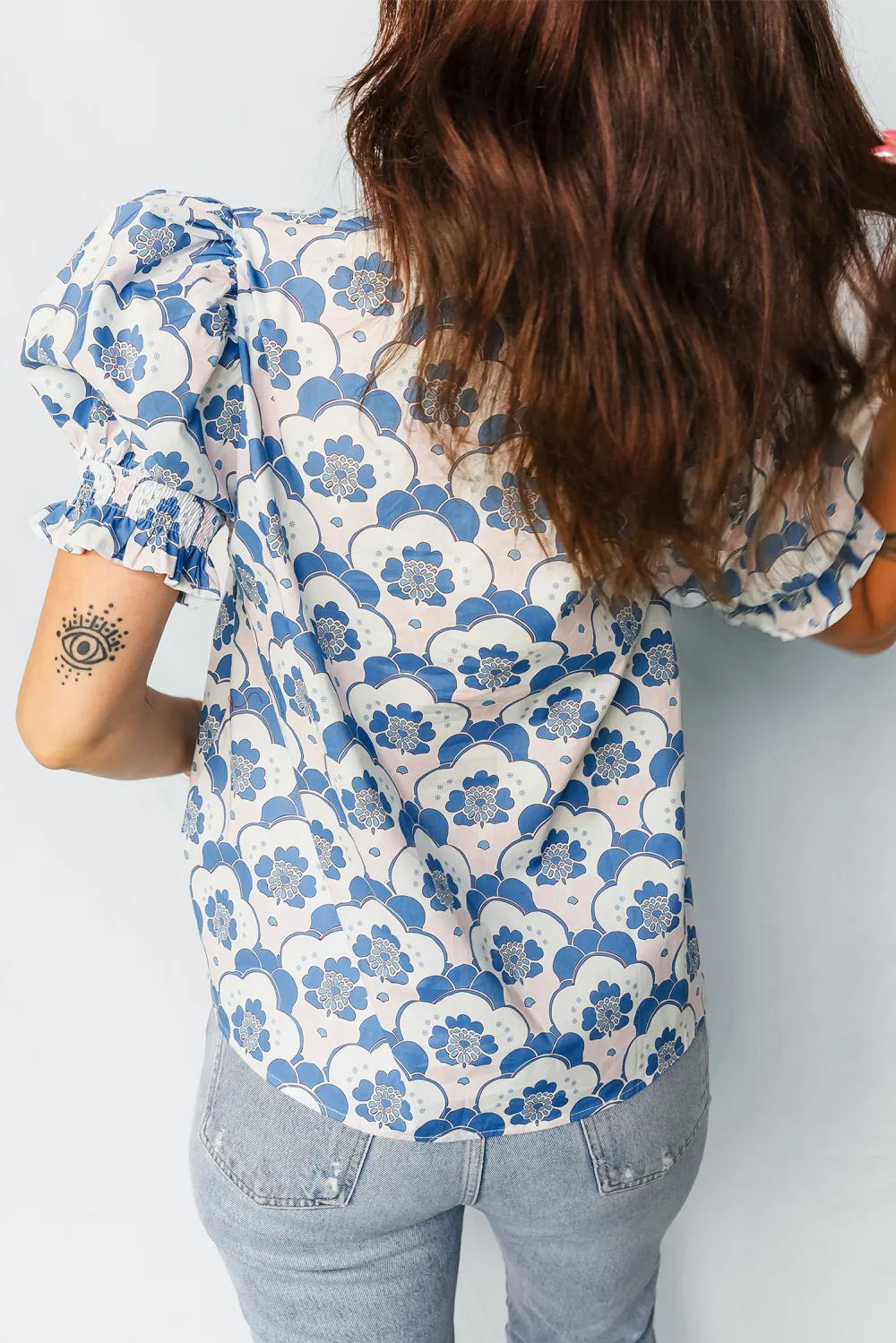 Sky Blue Floral Print Flounced Blouse