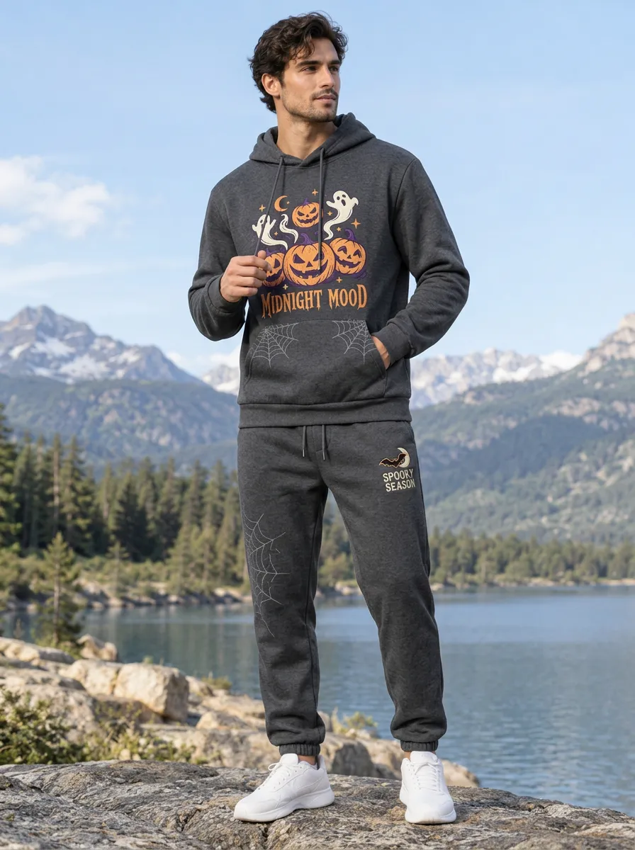 Men's Halloween Charcoal Heather Midnight Mood Pumpkin Ghost Spiderweb-Sleeve Hoodie Jogger Set