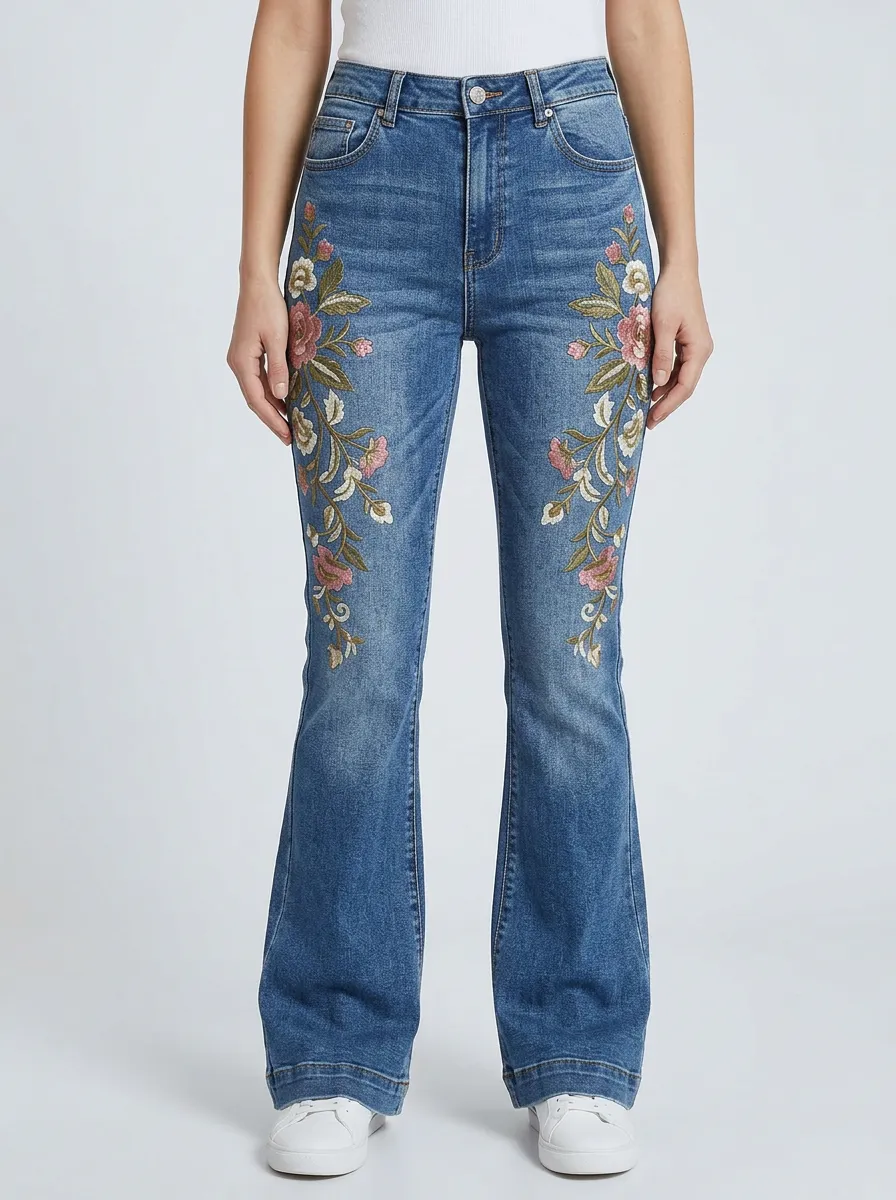 Women's Floral Embroidery Vintage Wash Embroidered Flare Jeans