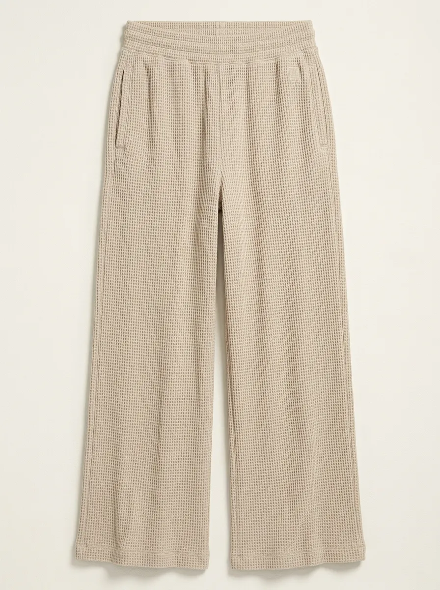 Casual Unisex Casual Beige Waffle Knit Wide Leg Lounge Pants