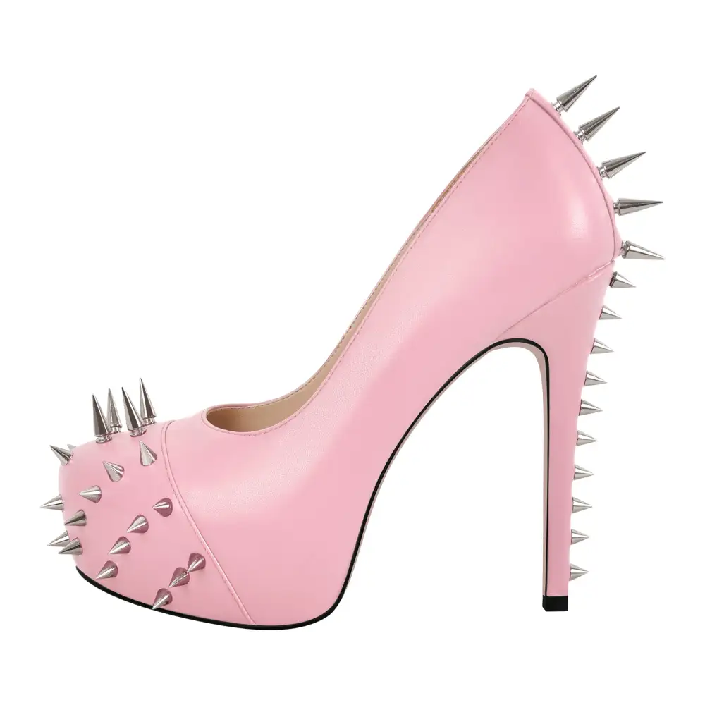 Rivet Round Toe Platform Stiletto Buckle Strap Pumps