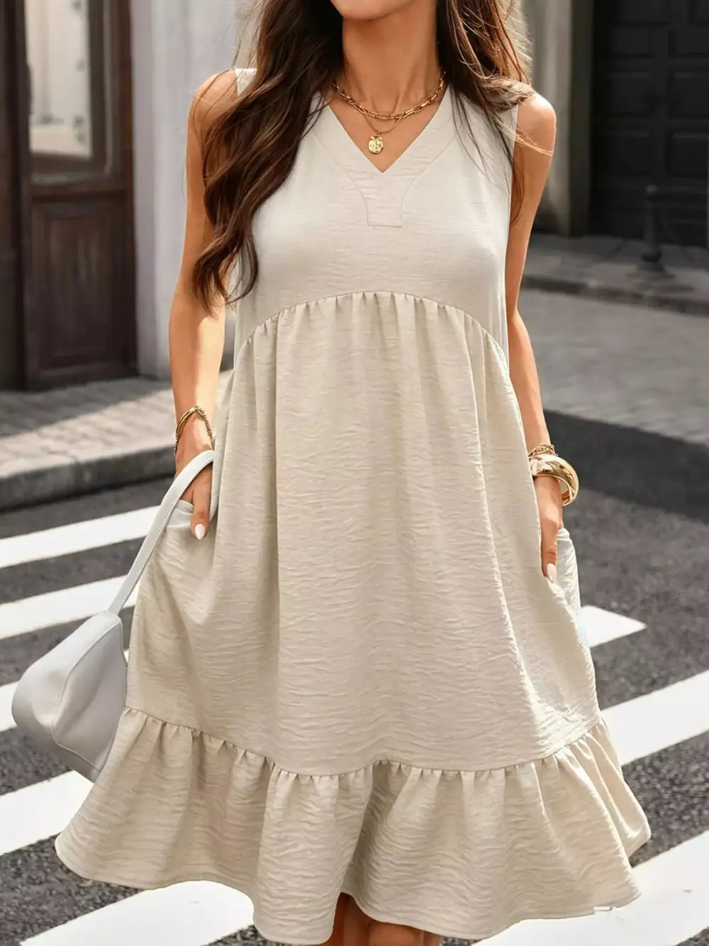 V Neck Ruffle Sleeveless Dress Casual
