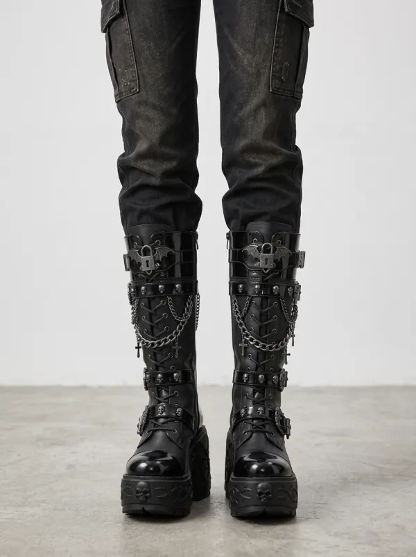 Darkwear Skull Cross Chain Profile Women's Gothic Platform Boots