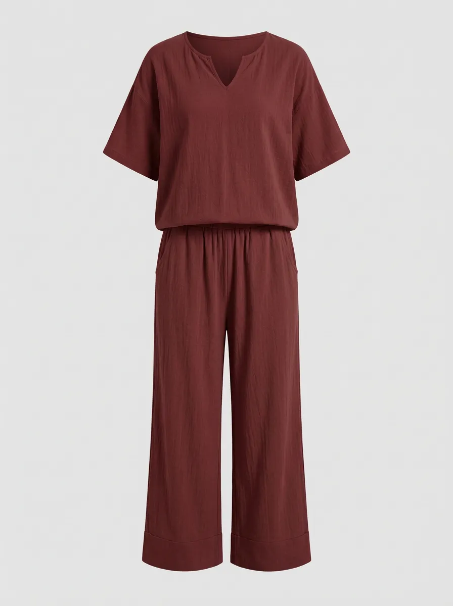 Women's Notched V-Neck Top And Drawstring Wide-Leg Trouser Lounge Set