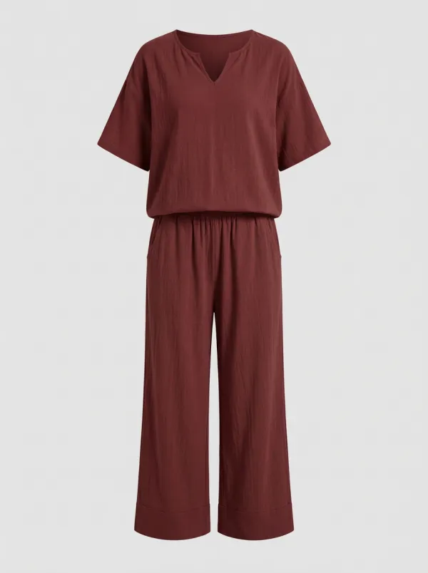 Women's Notched V-Neck Top And Drawstring Wide-Leg Trouser Lounge Set