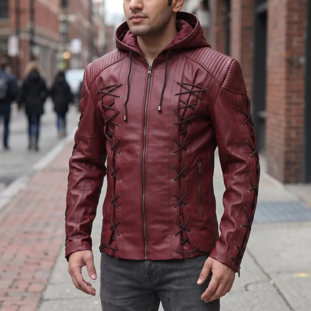 Refined Leather Biker Hooded Multi Pocket Jacket