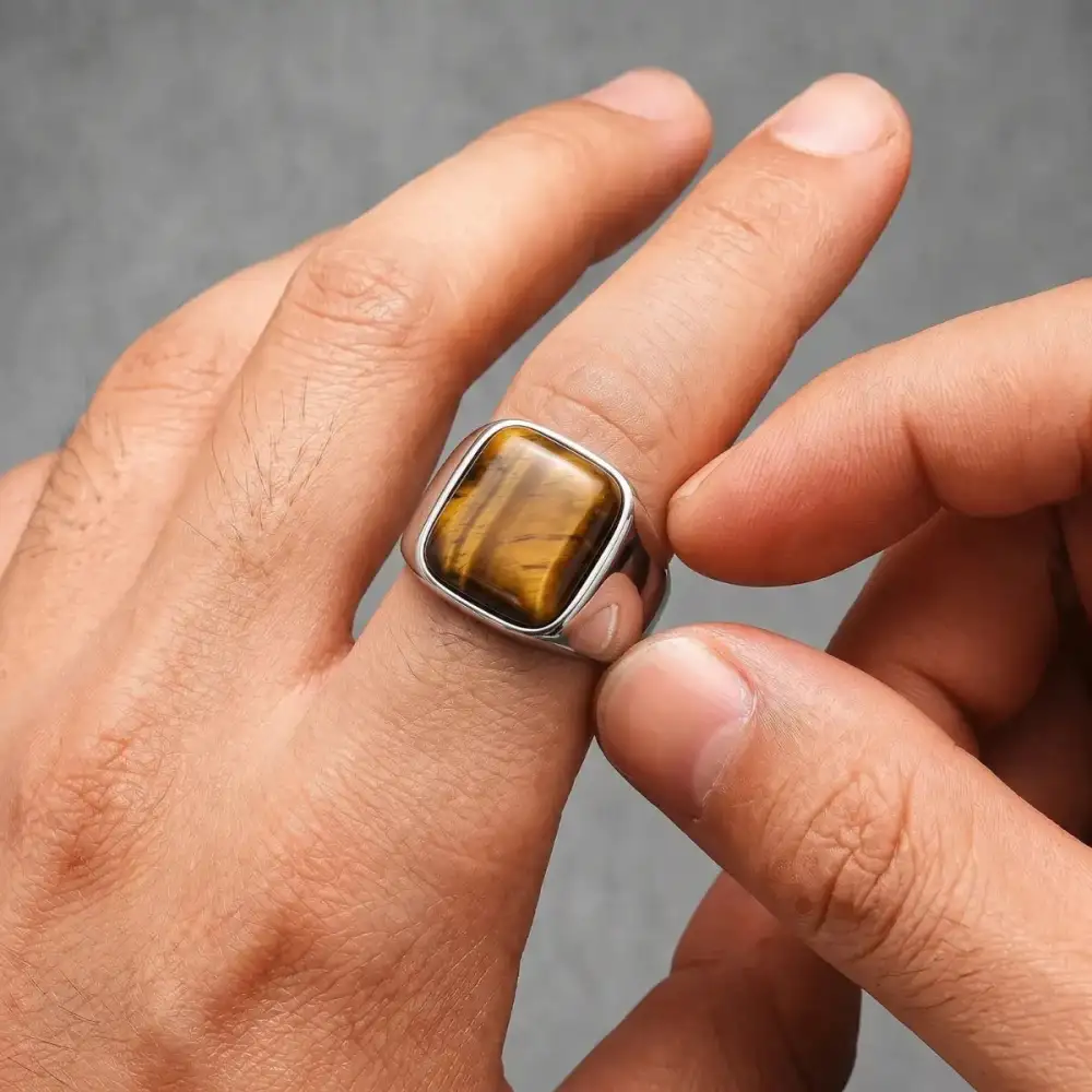 Men's Stainless Steel Square Tiger Eye Signet Ring