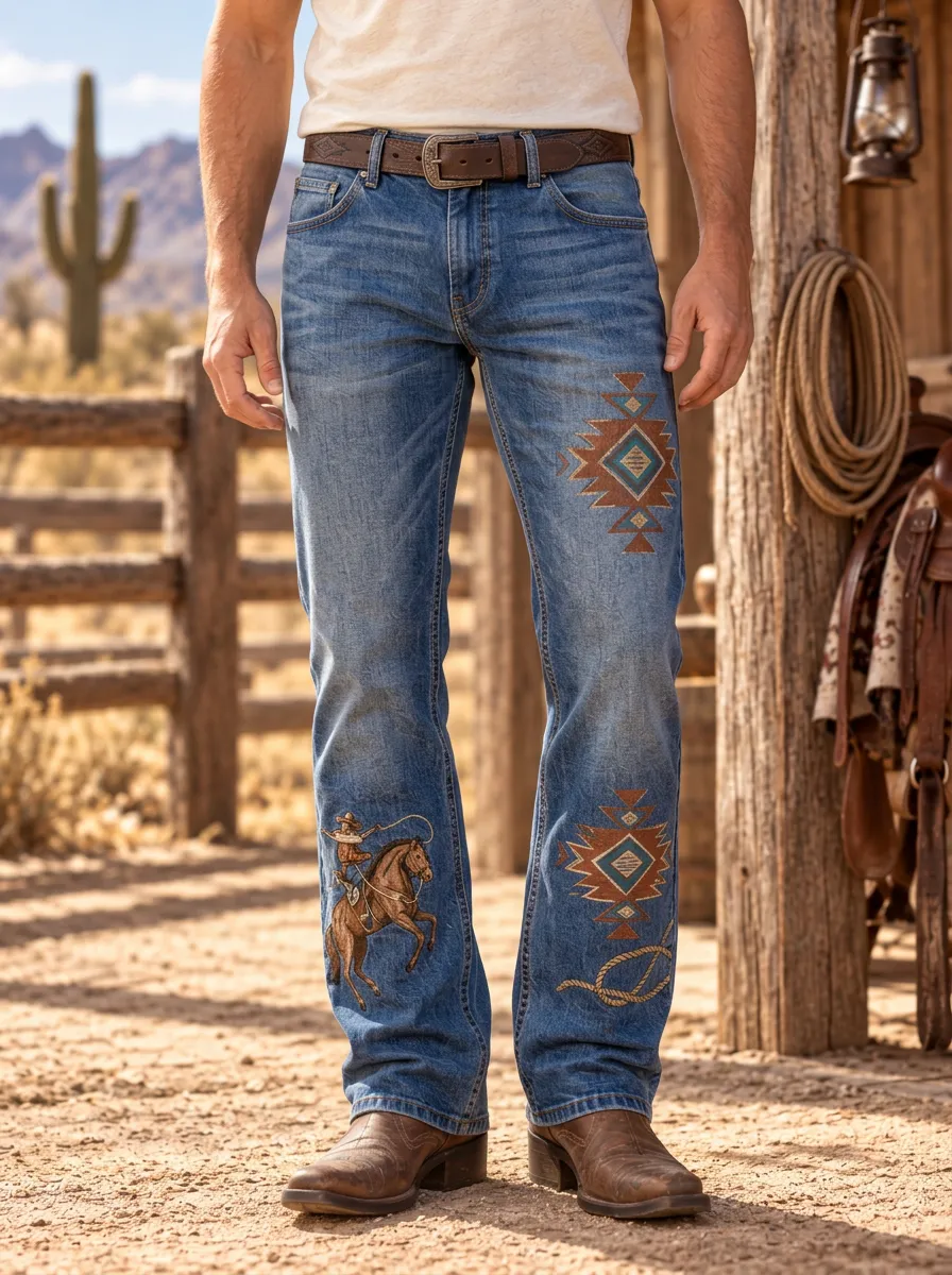 Men's Western Cowboy Horse Southwestern Geometric Jeans