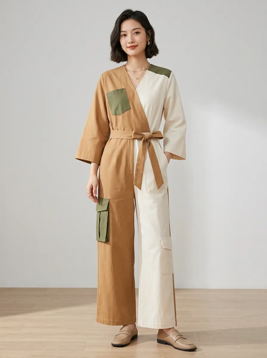 Women's Casual Minimalist Two-Tone Colorblock Cargo Jumpsuit