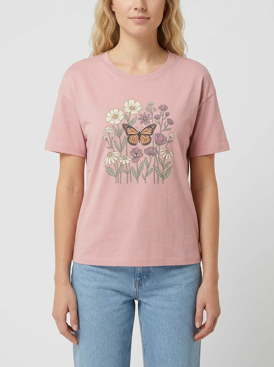 Women's Crewneck Graphic-Print Floral Rib-Trim T-Shirt