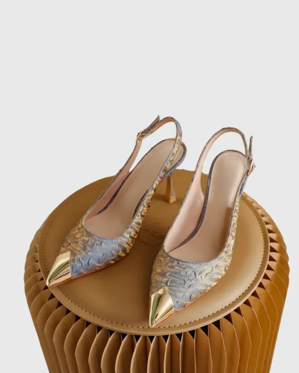 Embossed Satin Slingback Pumps in Blue