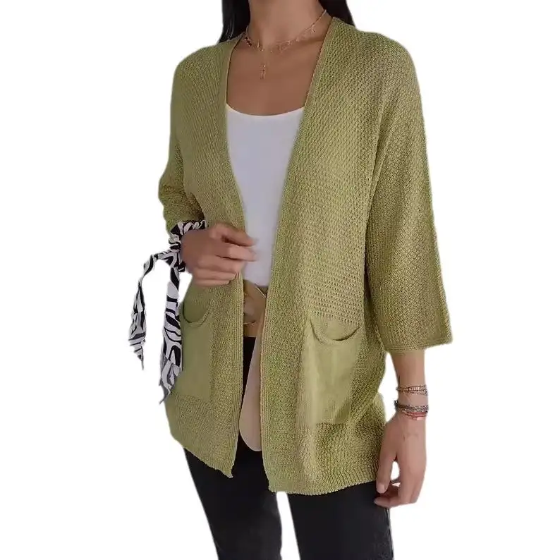 Women's Waffle-Knit Three-Quarter Sleeve Cardigan