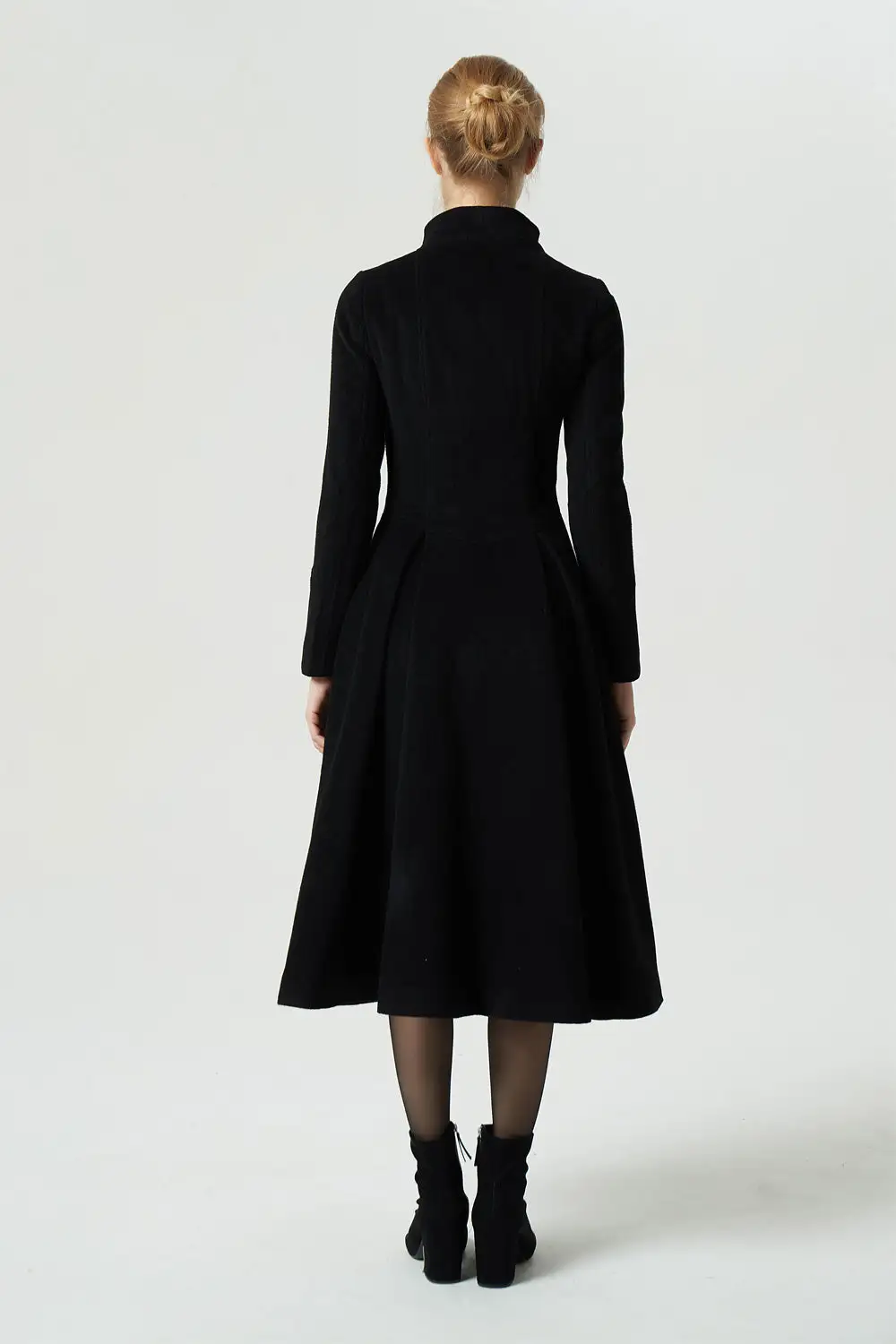 Wool Blend Fit and Flare Stand Collar Pleated Pocketed Midi Coat