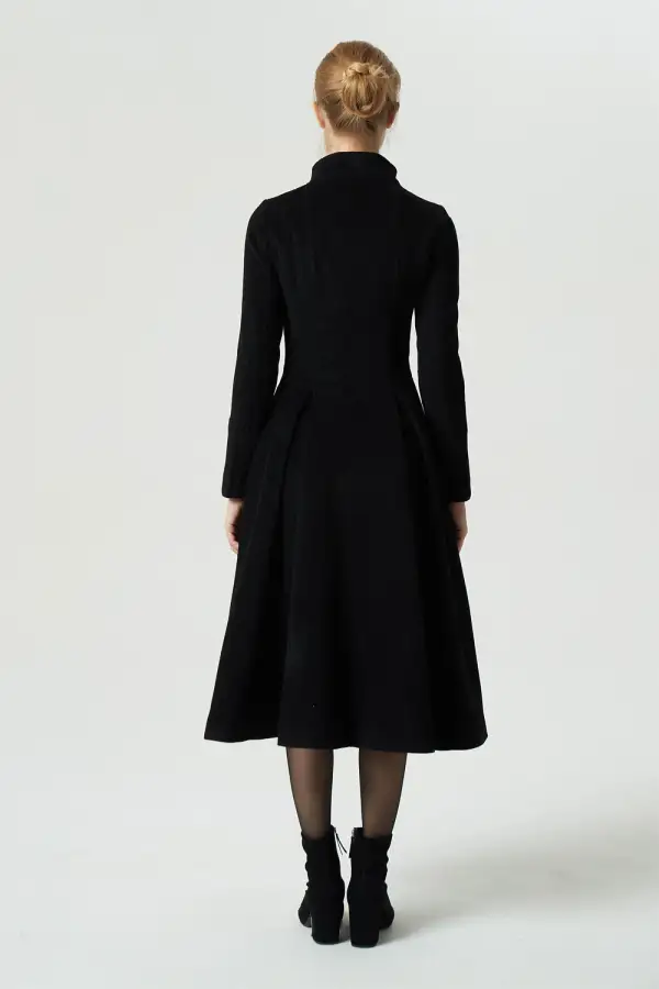 Wool Blend Fit and Flare Stand Collar Pleated Pocketed Midi Coat
