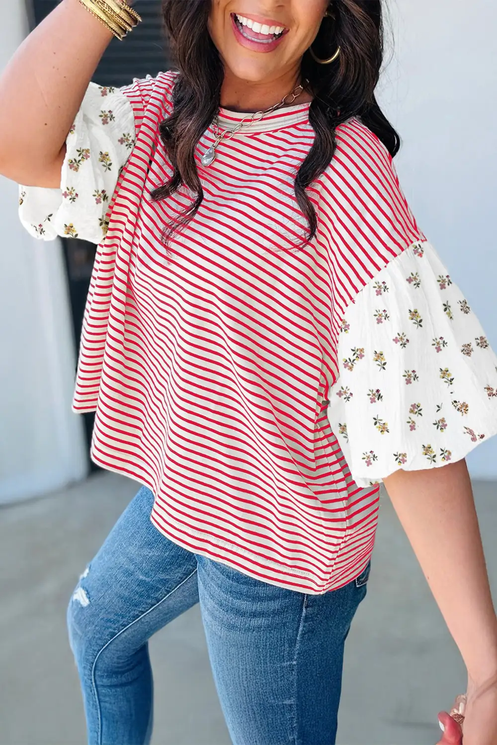 Women's Floral Print Striped Round Neck Top
