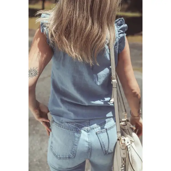 Frilly Ruffle Trim V Neck Chambray Tank
