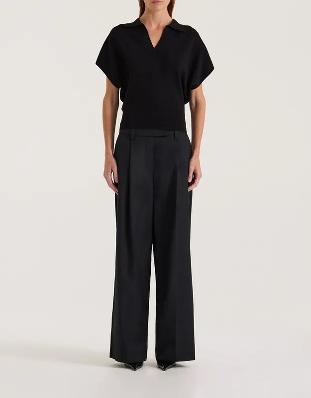 Black Waisted Polo Knit Top