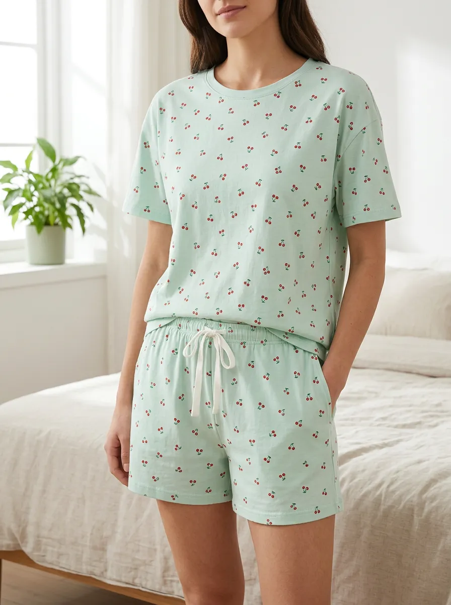 Women's Cherry Lover Mint Green Printed Pajama Set