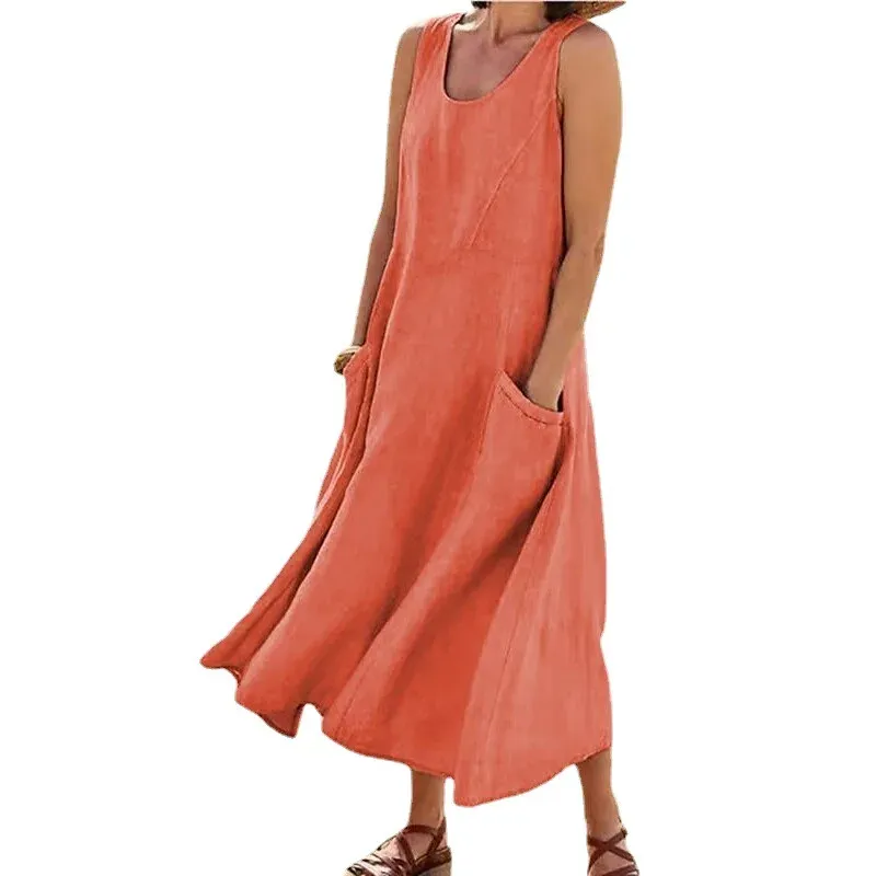 Sleeveless Linen Blend Cotton Blend Maxi Relaxed Fit Dress
