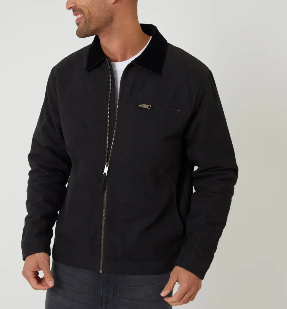 Men's Black Cotton Canvas Jacket with Corduroy Collar