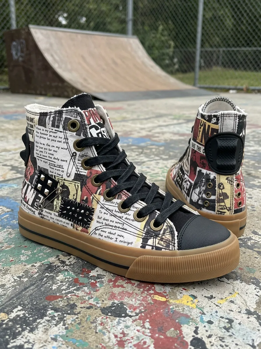 Weekend Punk Rock Newspaper Collage Printed Canvas Shoes
