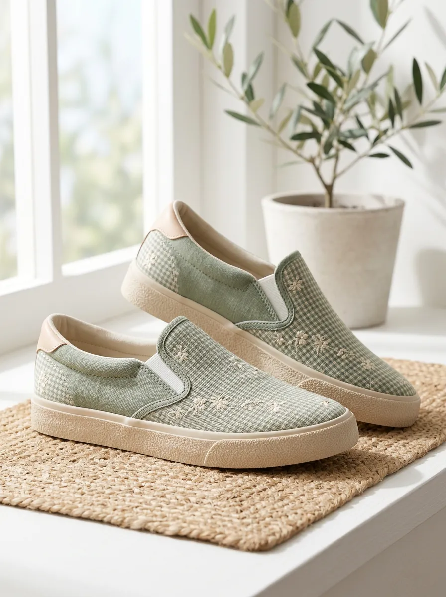 Women's Sage Green Gingham Floral Embroidered Printed Slip-on Shoes