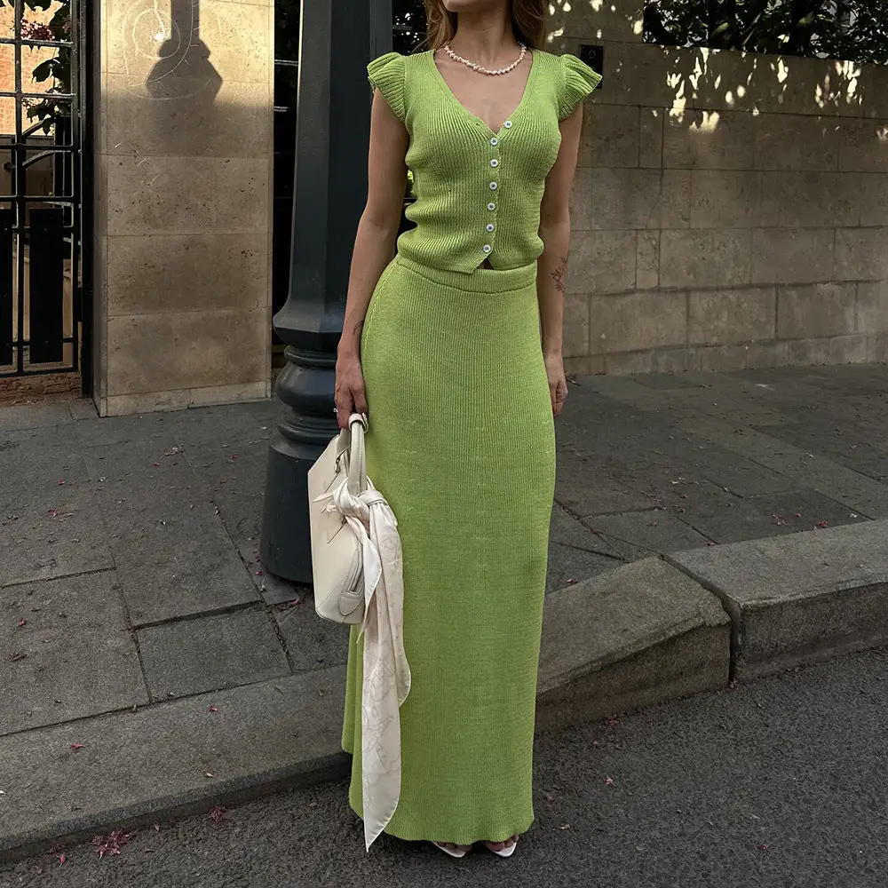 Structured Summer V-Neck Knit Skirt Set With Cap Sleeve Top And Long Skirt