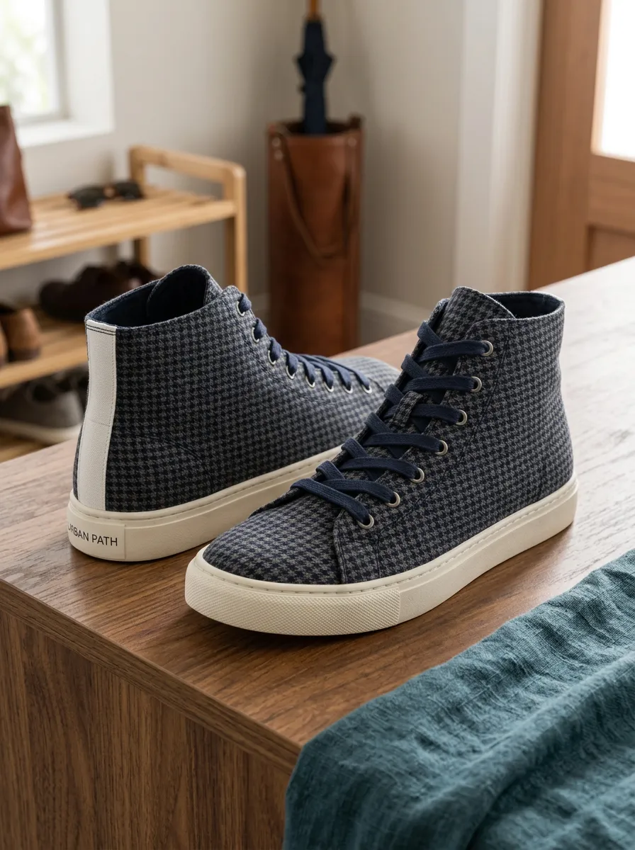 Men's Houndstooth Pattern Navy Blue Printed Canvas High-Top Shoes