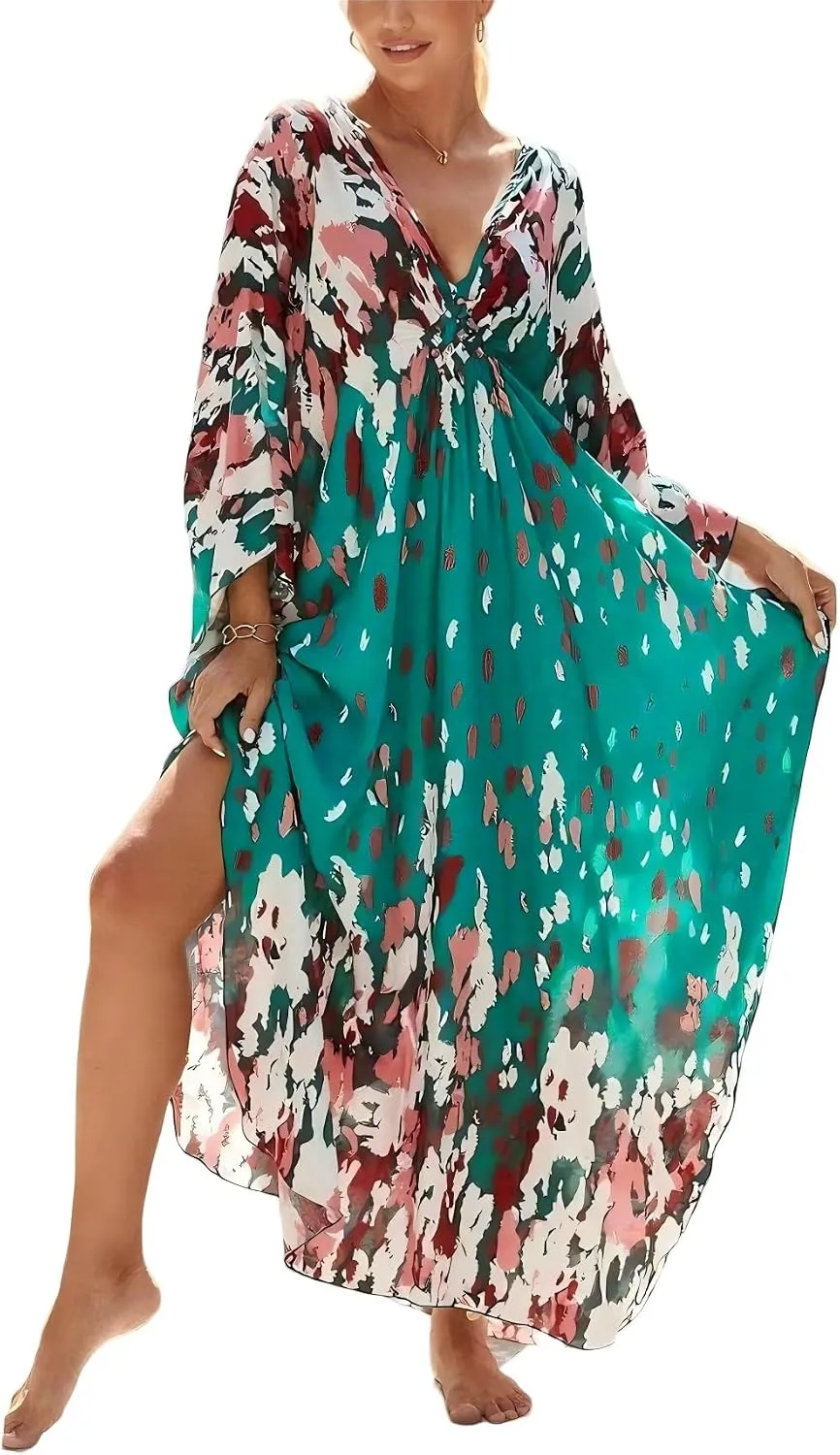 IMAGEKOPE Kaftan Dresses for Women Plus Size V-Neck Moo Moos Batwing Kaftan Beach Dress Bathing Suit Cover-Up Loungewear