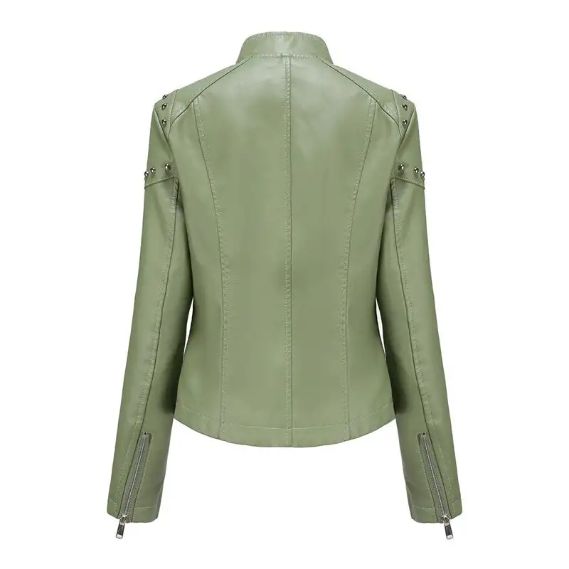 Stand-Collar Rivet-Detail Zip-Front Faux-Leather Leather Casual Outerwear Jacket