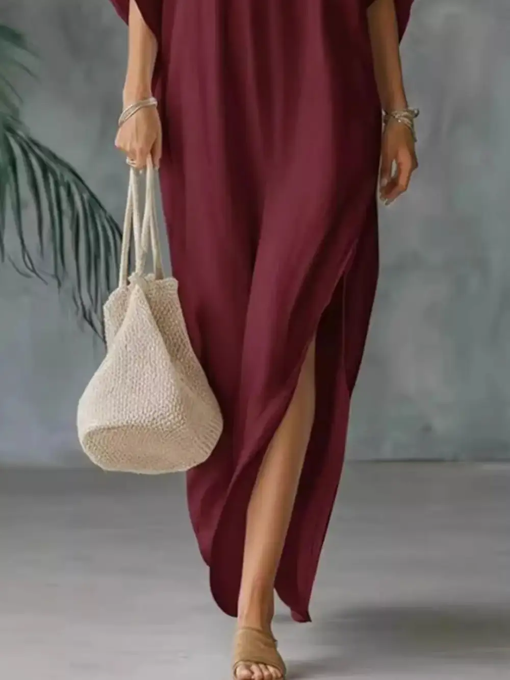 Full Size V Neck Maxi Dress With Side Slits Plus Size