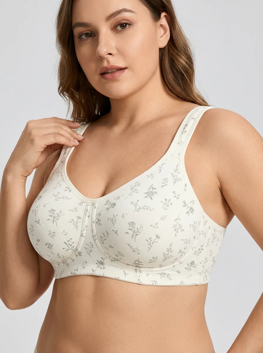 Women's Plus Size Off-White Botanical Floral Full-Coverage Scoop-Neck Wireless Bra