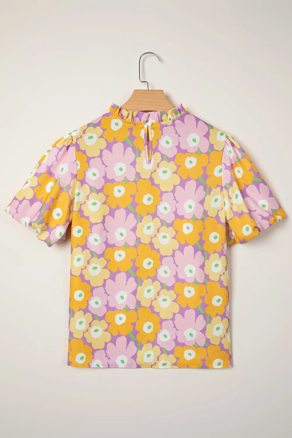 Purple Frilled Neck Puff Short Sleeve Top