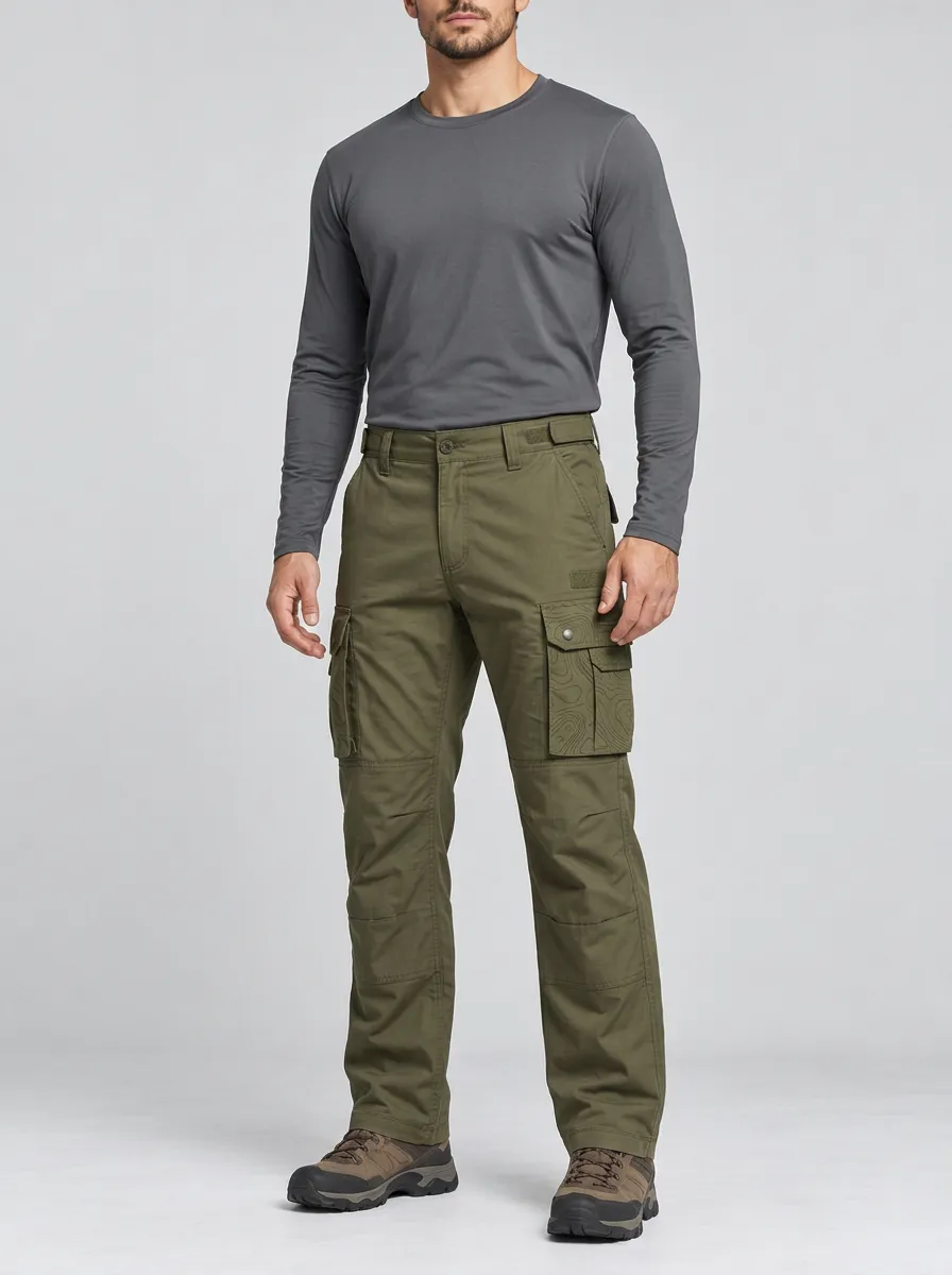 Men's Olive Green Topographic Multi-Pocket Reinforced Knee Hook-and-Loop Waist Tabs Tactical Cargo Pants
