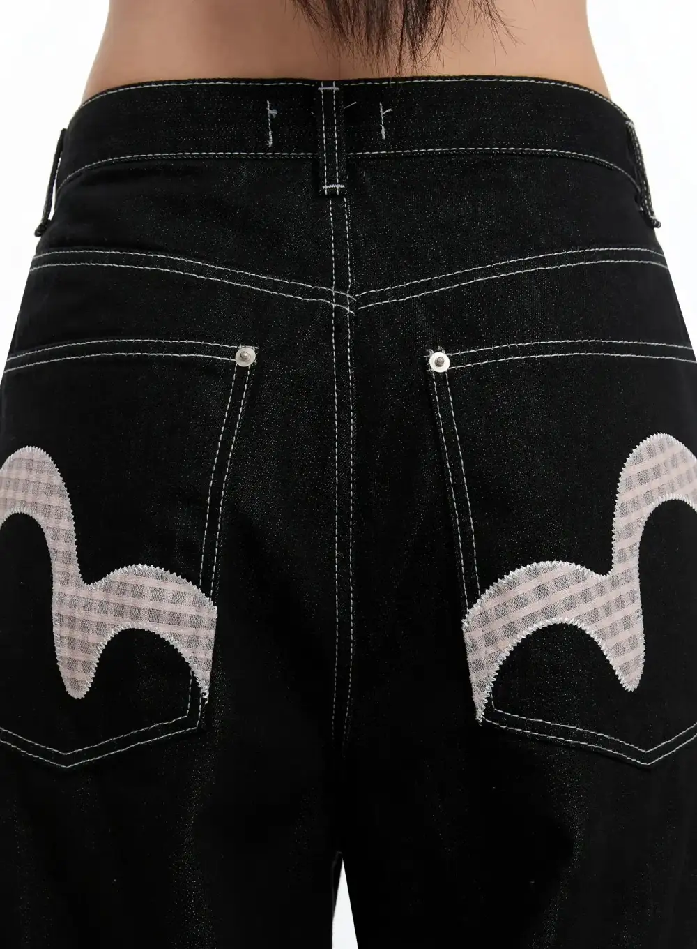 Plaid Stitched Back Pocket Baggy Jeans