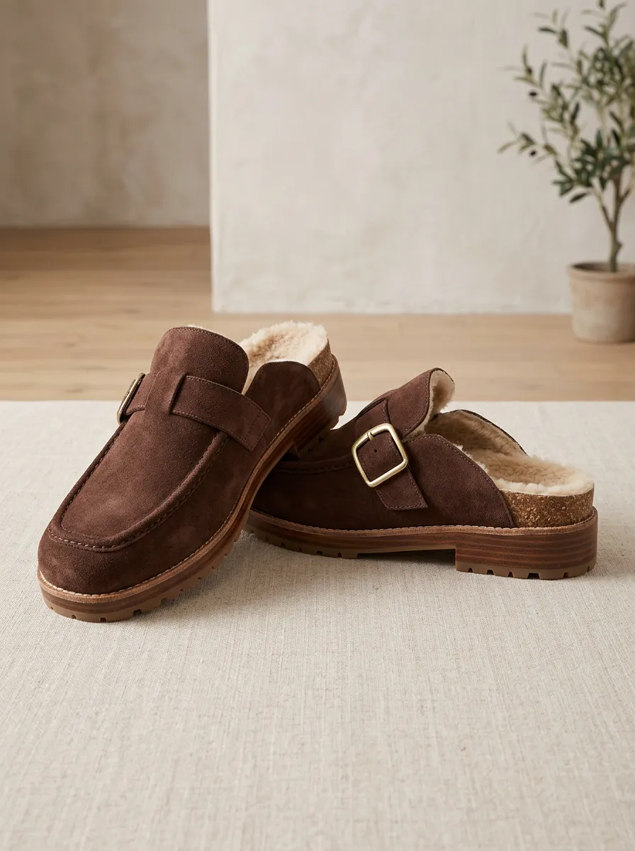 Women's Trail Faux Fur Lined Buckle Detail Clog Style Suede Wood Sole Loafers