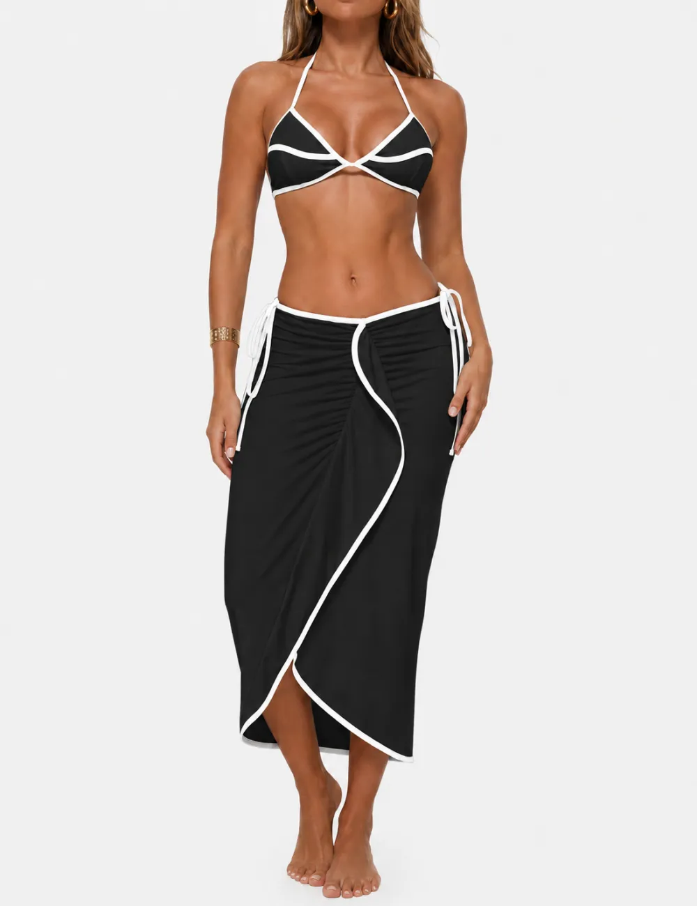 Color Block Halter Triangle Bikini Set with Midi Skirt