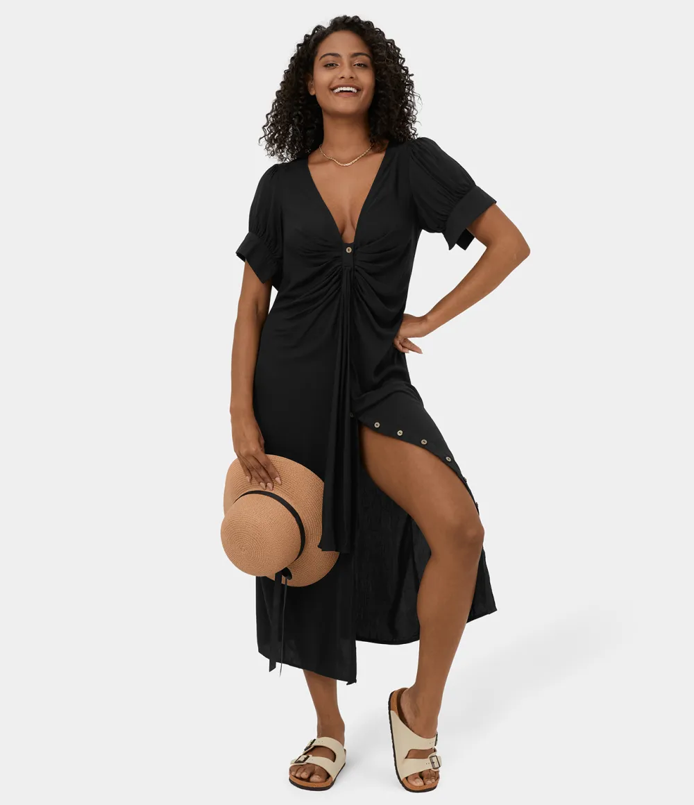 Deep V Neck Bishop Sleeve Button Tie Front Ruched Midi Casual Dress