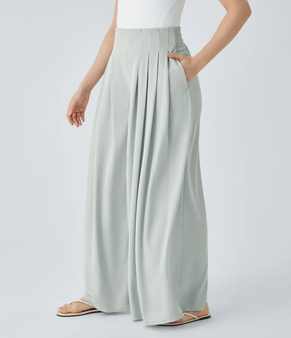 High Waisted Pleated Side Pocket Flowy Wide Leg Palazzo Waffle Casual Pants
