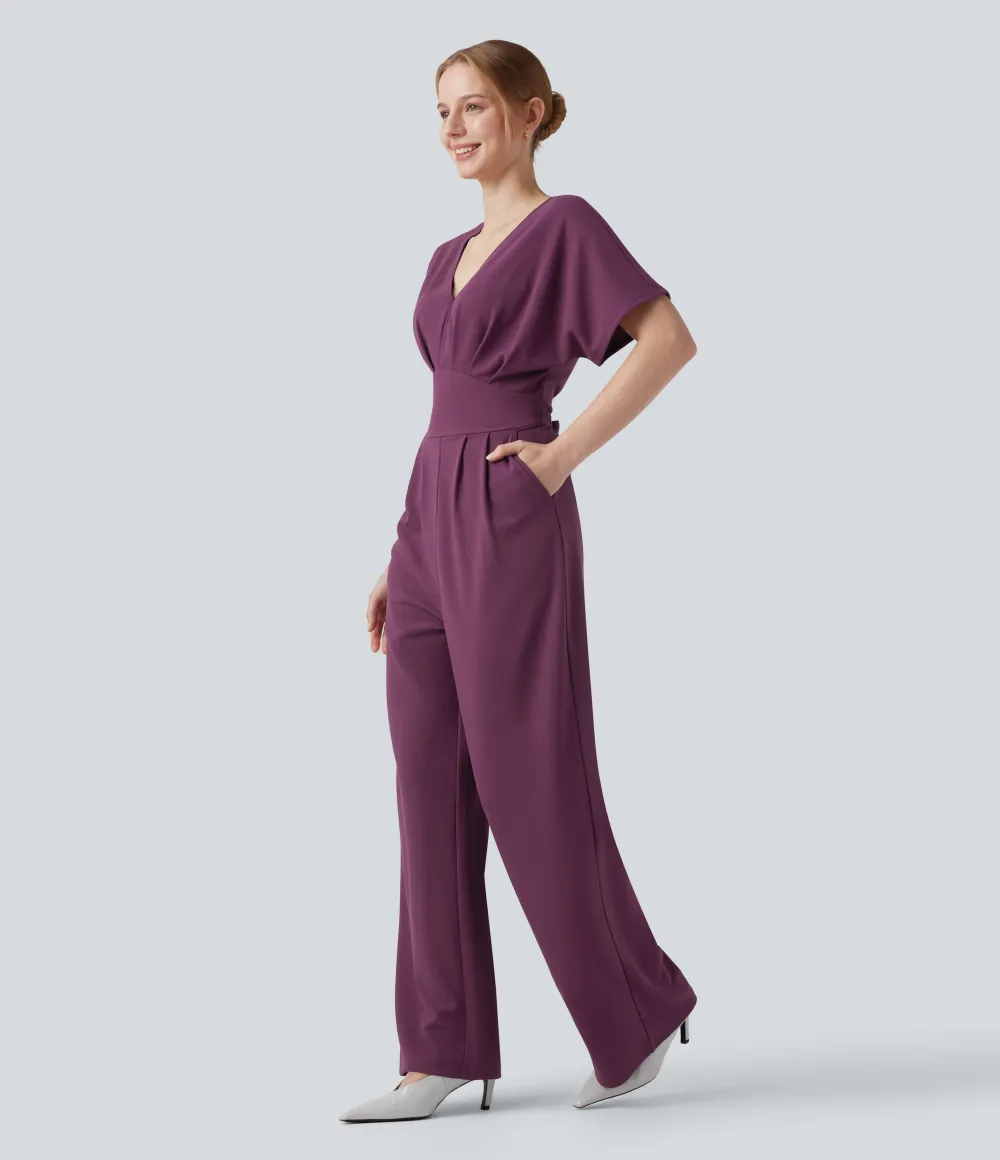 Wrinkle-resistant V-neck Batwing Sleeve Wide Leg Work Jumpsuit with Pockets-Easy Peezy