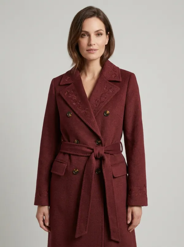 Women's Vintage Floral Embroidered Pattern Wool-Blend Trench Coat