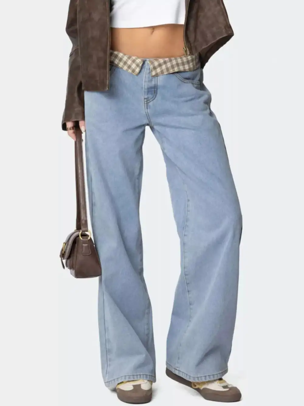 Plaid Trim Wide Leg Jeans