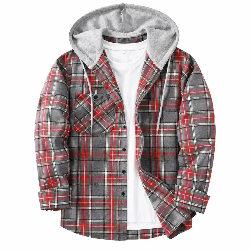 Men's Plus-Size Plaid Flannel Hooded Long-Sleeve Shirt Jacket