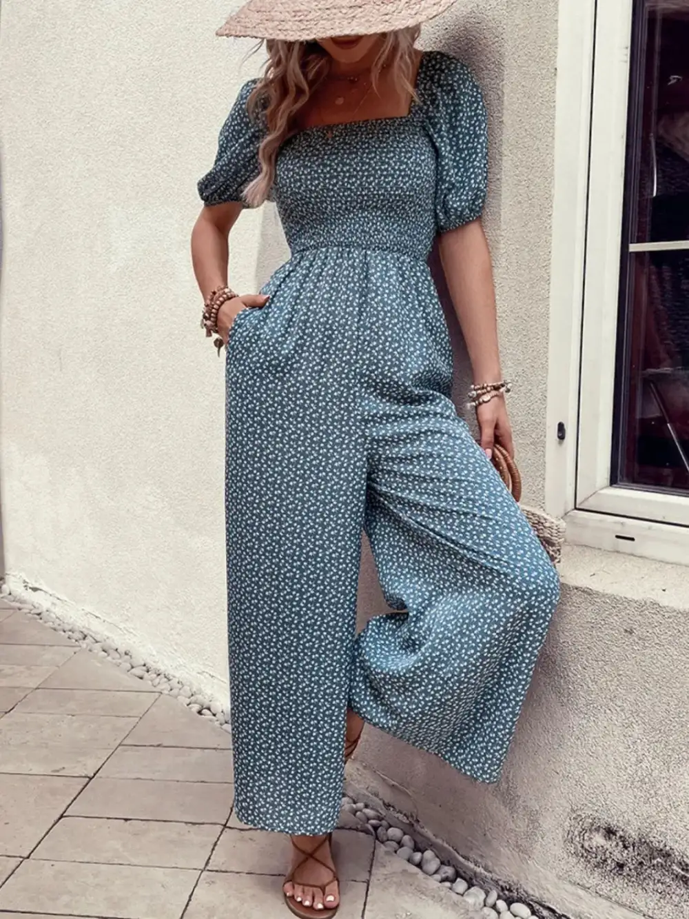 Printed Square Neck Puff Sleeve Everyday Jumpsuit