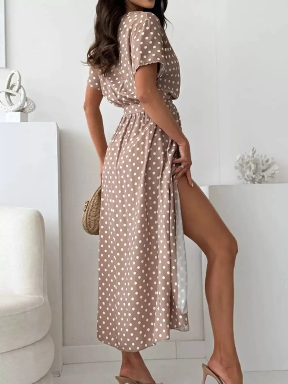 Polka Dot Surplice Maxi Dress With Slit