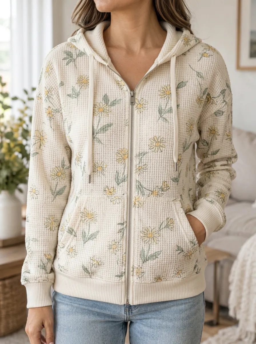 Women's Floral Daisy Signature Print Waffle Zip-Up Hoodie