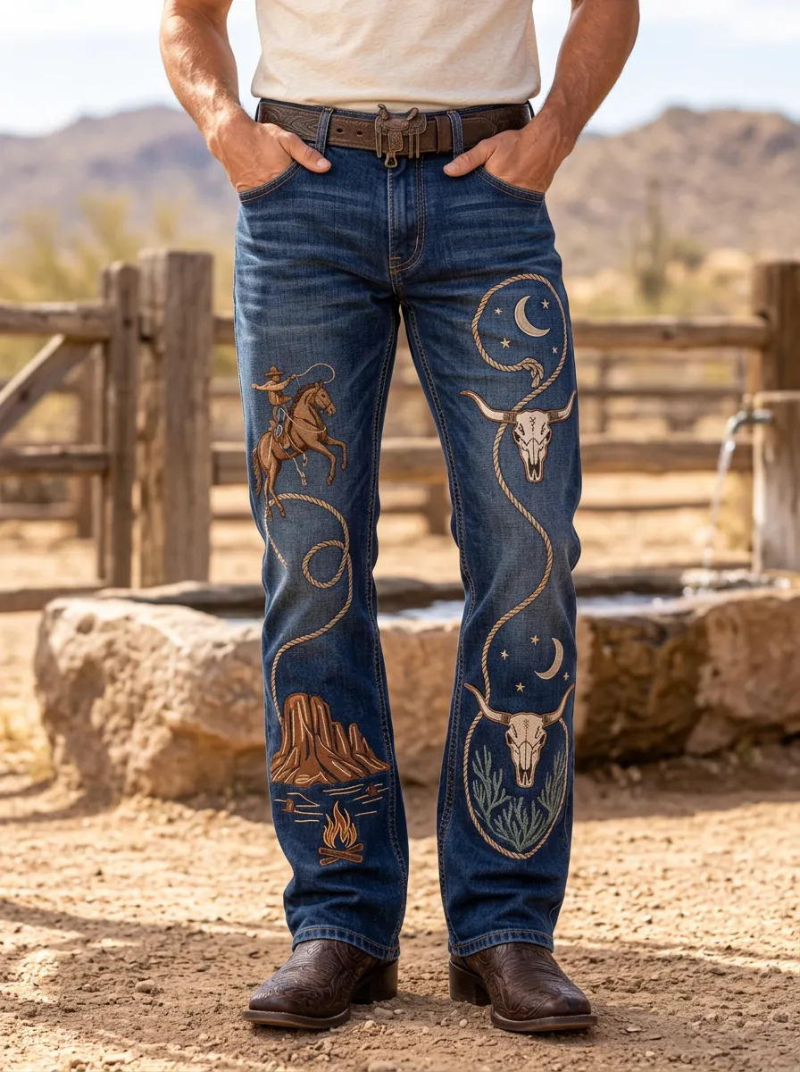 Men's Classic Western Cowboy Rodeo Skull Jeans