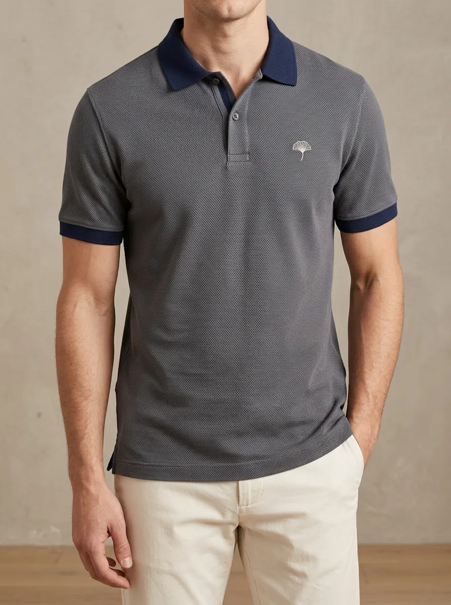 Clean-Line Leaf-Pattern Embroidered Men's Polo Shirt