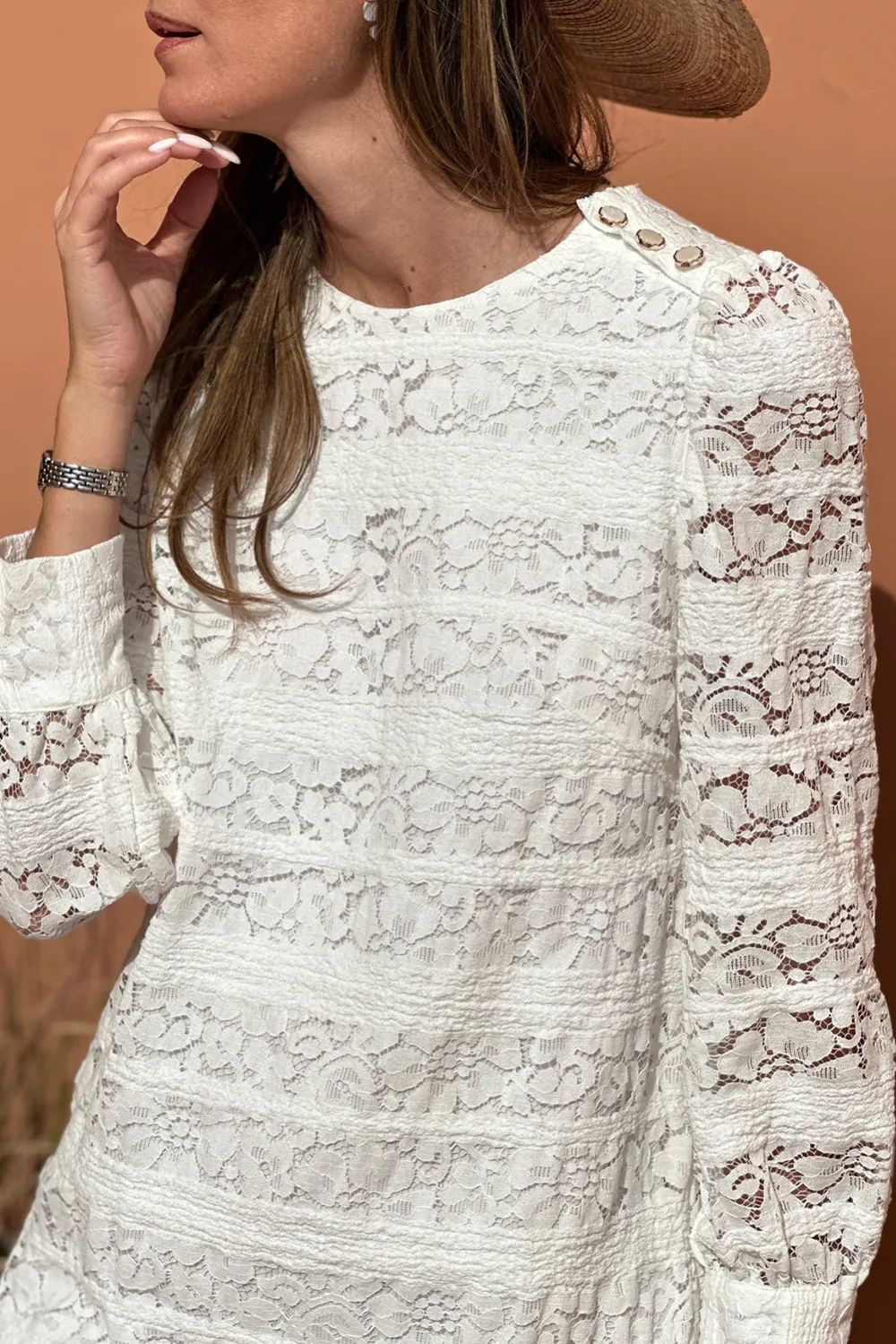 Lace Detail Round Neck Puff Sleeve Mini Dress