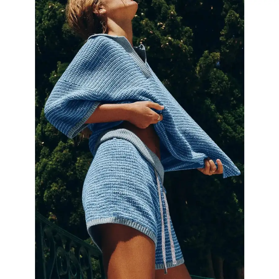 Collared Neck Contrast Striped Top and Shorts Sweater Set